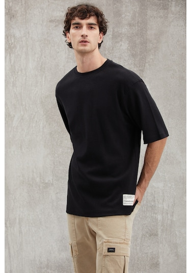 Joel  Erkek %100 Organik Pamuklu Kalın Kumaşlı Özel Dokulu Etiket Detaylı Oversize Siyah T-shirt