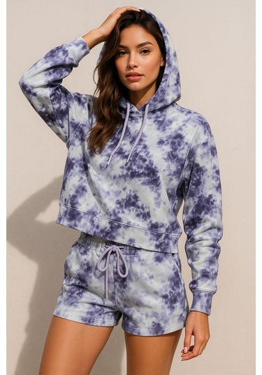 Kadın Lila Kapüşonlu Sweatshirt-şortlu Alt Üst Takım Oversize Batik Desen İkili Takım Çok Renkli