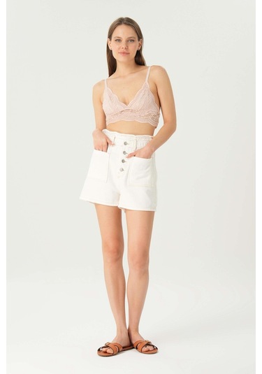 Ekru Yüksek Bel Beli Lastikli Patı Düğmeli Jean Şort C 4534-100 Ekru