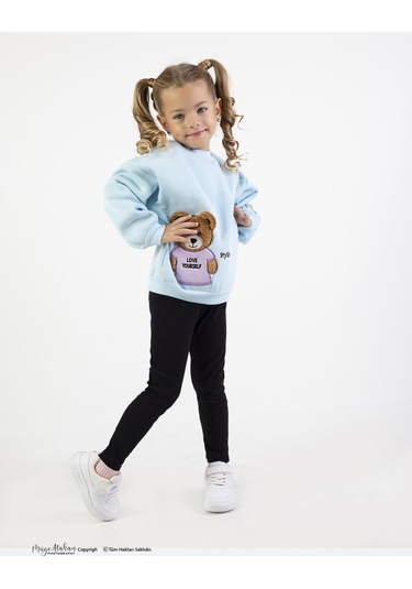 Kız Çocuk Orta Kalınlıkta Baskılı Örme Basic Taytlı Alt Üst Takımı Mavi