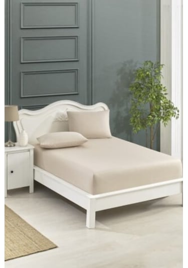 Lastikli Fıtted Bej Çift Kişilik Yastıklı Çarşaf Seti Bej