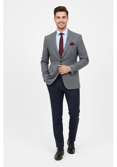 Presto Erkek 6 Drop Slimfit Kareli Ceket Gri 1635-070 Gri