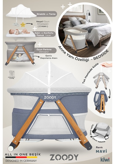 Kiwi Zoody Park Yatak Ve Oyun Parkı Bebek Beşiği, Anne Yanı Beşik, Park Beşik, Sallanan Beşik - Mavi Renk