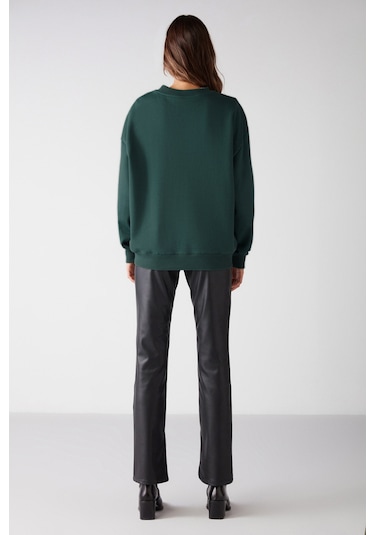 Grimelange Susana -  Kadın Bisiklet Yaka Içi Polarlı Oversize Fit Basic Koyu Yeşil Sweatshirt