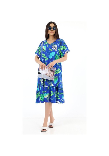 Schık Kadın Viskon Yarım Kol V Yaka Cepli Fırfırlı Elbise Kırmızı Saks