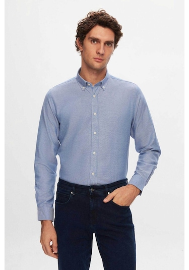 D'S Damat Ds Damat Slim Fit Mavi Armürlü Düğmeli Yaka Pamuklu Gömlek 5HC02ORT07265 Mavi