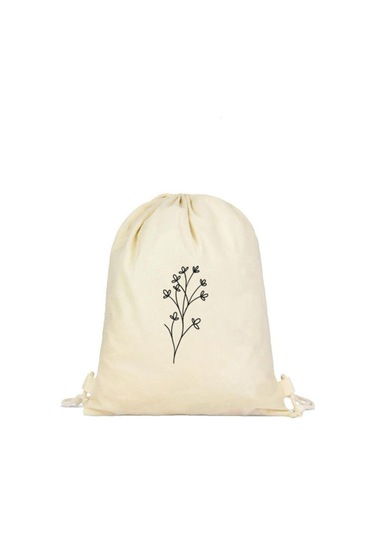 Minimal Çiçek Baskılı Büzgülü Sırt Çantası - Krem