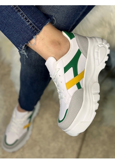 Günlük Kadın Sneaker Kalın Yüksek Taban Bağcıklı Rahat Tiger Şeritli Spor Ayakkabı 032 09-taş Yeşil Sarı