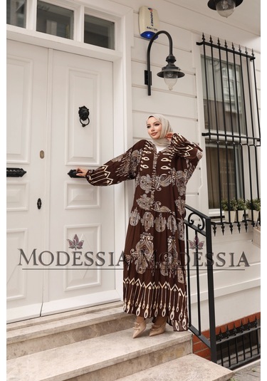 Kadın Kahve %100 Viskon Pamuklu V Yaka Alaçatı Model Kat Kat Elbise V6532 Kahve