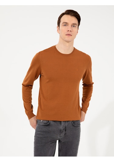 Cacharel Tarçın Slim Fit Bisiklet Yaka Basic Triko Kazak Turuncu