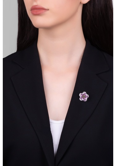 Kamelya Siyah Rodyum Kaplama Gümüş Broş Siyah