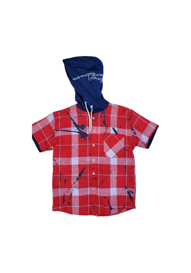 Erkek Çocuk Kapüşonlu Kareli Kısa Kollu Tasarım Gömlek-12523 Kırmızı