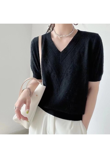 Siyah Qooth Kadın V Yaka Kısa Kollu Taban Gömlek Ofis Bayan Moda Zarif Ince Örgü Üst İlkbahar Yaz Qt2038 Siyah