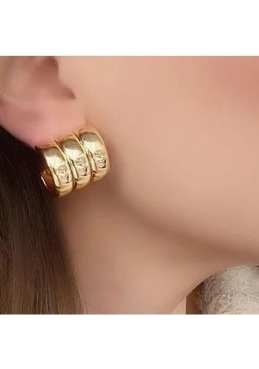 Üç Sıra Çoklu Görünüm Bombeli Çelik Küpe Gold Renk Sarı