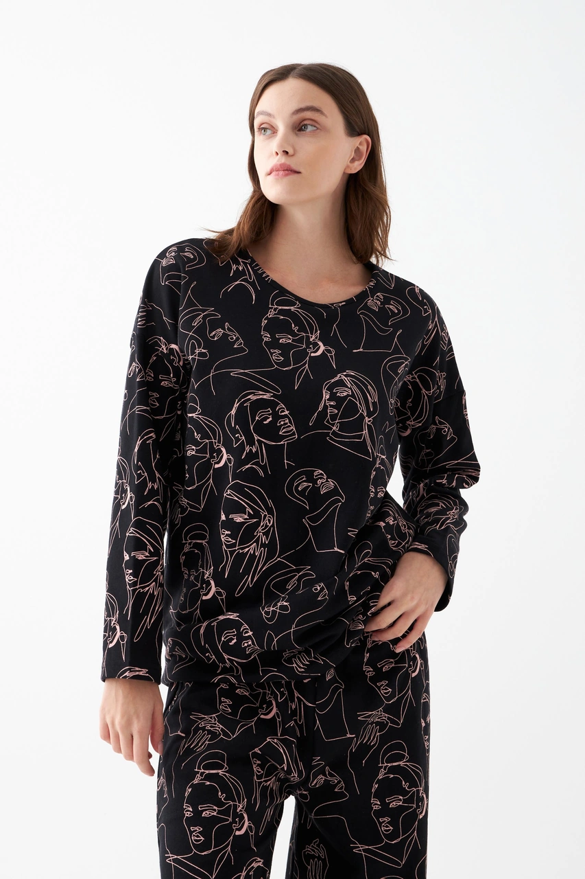 Akbeniz Kadın Oversize Siyah Line Art Desenli Pamuklu Kalın Pijama Takımı Siyah