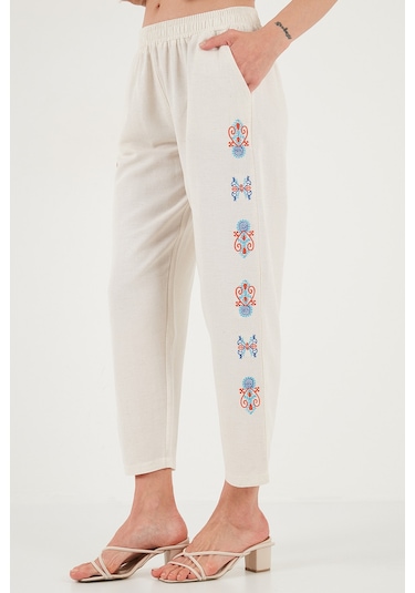 Lela Bohem Işlemeli Keten Ve Pamuk Karışımlı Şalvar Bayan Pantolon 5865050 Bej-Oranj