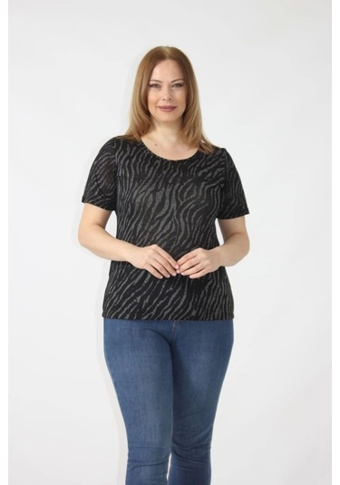 3284 Sırtı Dantel Detaylı Viskon Penye Desenli Bluz Siyah-krem