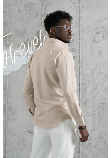 Advante Armürlü Likralı Yaka Düğmeli Slimfit Yazlık Gofre Kumaş Gömlek Kahve