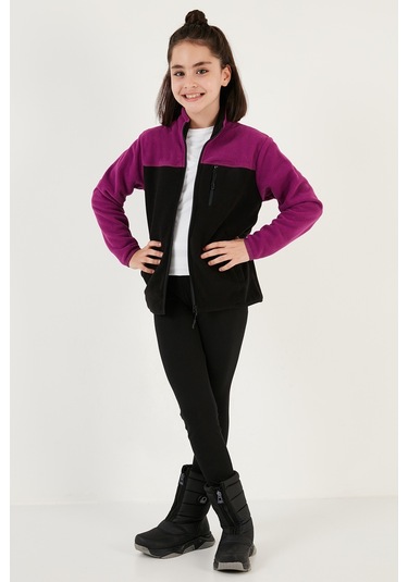Lela Yumuşak Dokulu Fermuarlı Renk Bloklu Dik Yaka Cepli Hırka Unisex Çocuk Polar 5905001 Mor-Siyah