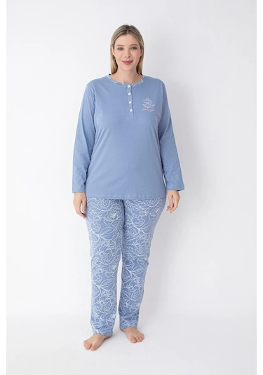 Senfoni Kadın Büyük Beden Düğmeli Yaka Uzun Kol %100 Pamuk Pijama Takımı 6068 -1 Adet Mavi