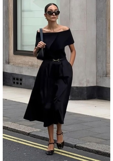 Siyah Pileli Cepli Kadın Midi Boy Etek Mg2536 Siyah