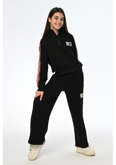 Kız Çocuk Yarım Fermuarlı Kolları Şeritli Dik Yaka Sweatshirt-13399-siyah Siyah
