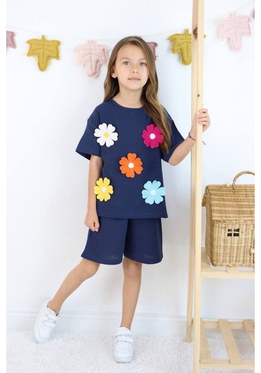 Örme Nakışlı Müslin Şort Takım Lacivert