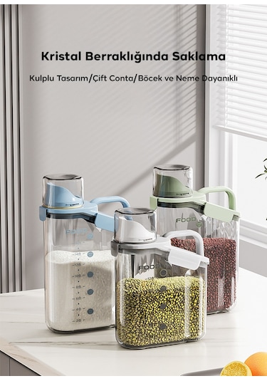 Ezere Nem Geçirmez Pratik Ölçü Kaplı Baharat Ve Tahıl Kavanozu 1600ml Beyaz