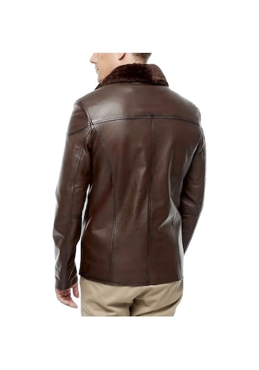 Derije Owen Hakiki Deri Erkek Kürklü Kestane Karartma Ceket-Mont-Kaban