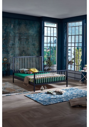 Breeze Çift Kişilik Ferforje Metal Karyola Siyah-gri Ahşap Latalı