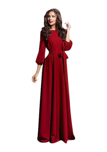 Kadın Yaz Casual Parti Elbise Kol Katı Uzun Elbiseler Kemerli Kırmızı