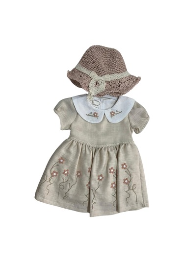 Kız Çocuk Şapkalı Çiçek İşlemeli Keten Elbise 001