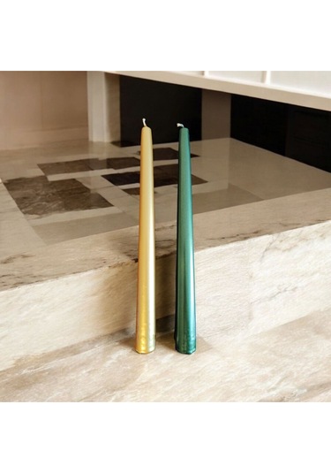 Denic 2 li Metalik Yeşil ve Gold Şamdan Mum Konik Mum