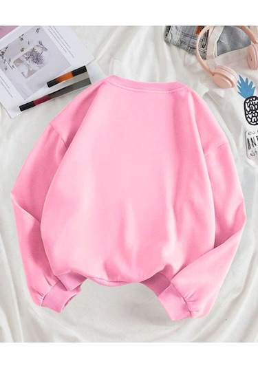 Baskısız Düz Sweatshirt - Pembe Kalın Kışlık Şardonlu Uzun Kol Oversize Bisiklet Yaka Pembe