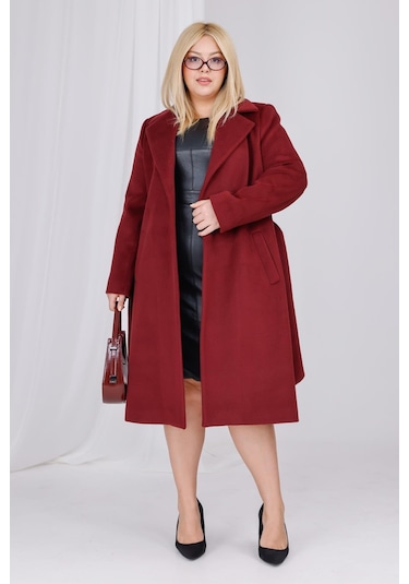 Kadın Bordo Yün Kaşe Kemer Ve Astar Detay Büyük Beden Kaban Bordo