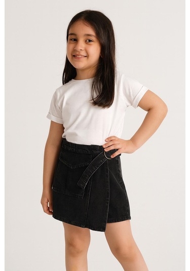 Kız Çocuk Füme Denim Şort Etek - 0536 Siyah