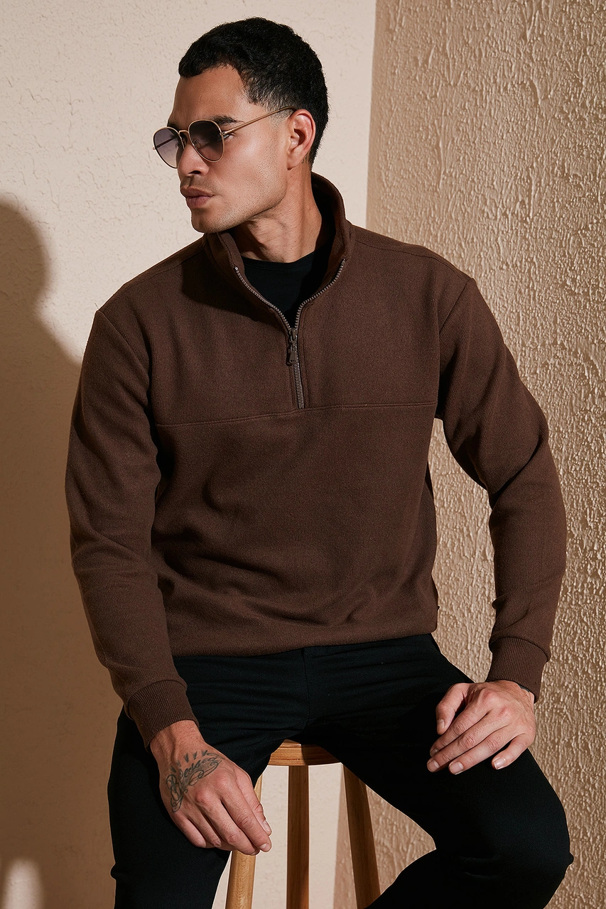 Buratti Pamuklu Regular Fit Yarım Fermuarlı Dik Yaka Erkek Kazak 456112 Kahve