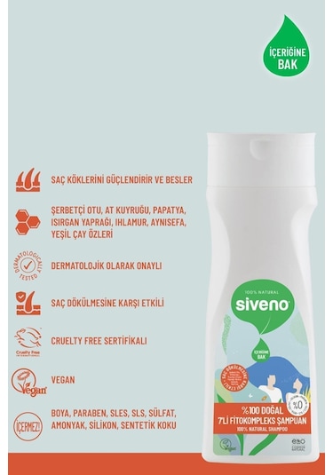 Siveno %100 Doğal Fitokompleks Şampuan 7 Değerli Bitki Yoğun Saç Dökülme Karşıtı Besleyici Dolgunlaştırıcı 300 ML