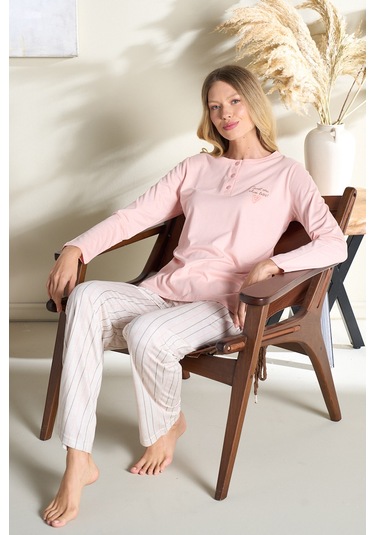 Kadın Büyük Beden Penye Uzun Kol Pijama Takımı 3195 Pudra Pudra