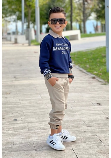 Modavals Gömlek Yaka Sweatshırt Ve Gabardin Kargo Pantolon Erkek Çocuk Kombin Lacivert