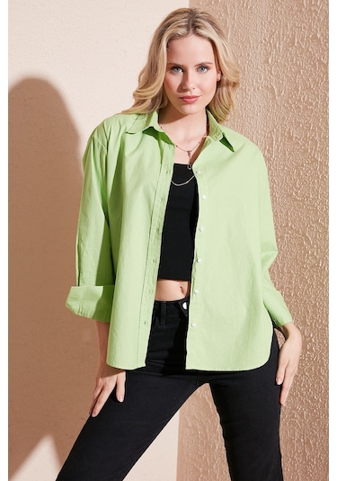 Lela Oversize % 100 Pamuk Poplin Bayan Gömlek Cf21S163867 Fistik Yeşil