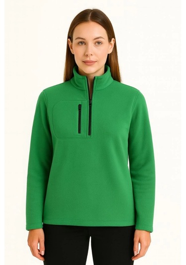 Polar Kazak Dik Yaka, Yarım Fermuarlı, Fermuarlı Göğüs Cepli, Siyah Biyeli, Kışlık Rahat Regular Fit Günlük Model - Yeşil Yeşil