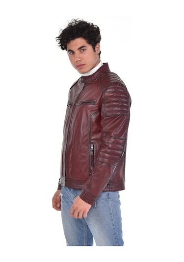 Hakiki Deri Fermuarlı Hakim Yaka Dört Cepli Erkek Deri Ceket Kahverengi Kahverengi