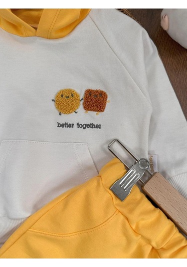 Babexi Kapüşonlu Kanguru Cep Süzene İşlemeli Erkek Bebek Alt Üst Takım HARDAL