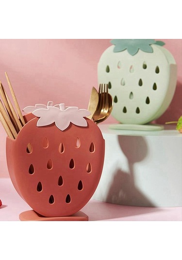 Xurunkeji Sevimli Çilek Çubuk Tutucu, Süzgeç Rafı, Mutfak Eşyaları Depolama Rafı, Süzgeç Kaşık Çatal Bıçak Raf Tutucu Kırmızı Kırmızı