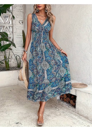 Kadın V Yaka Sıfır Kol Gipeli Desenli Süprem Elbise Mavi