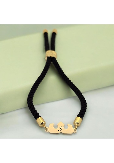 S Harfine Özel Siyah İpek Örgülü Taç Figürlü 14 Ayar Altın Plakalı Hediye Bileklik-507harf S