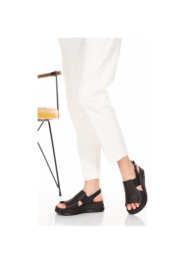 İlolica İç Dış Hakiki Deri Platform Taban Kadın Sandalet Siyah