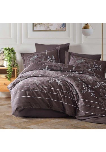 Clasy Pamuk Saten Çift Kişilik Nevresim Takımı Moya v1 Kahve Kahverengi