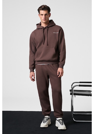 MARSHALLHOODIE Erkek Pamuklu İçi Polarlı Nakışlı Relaxed Kahverengi Eşofman Takımı